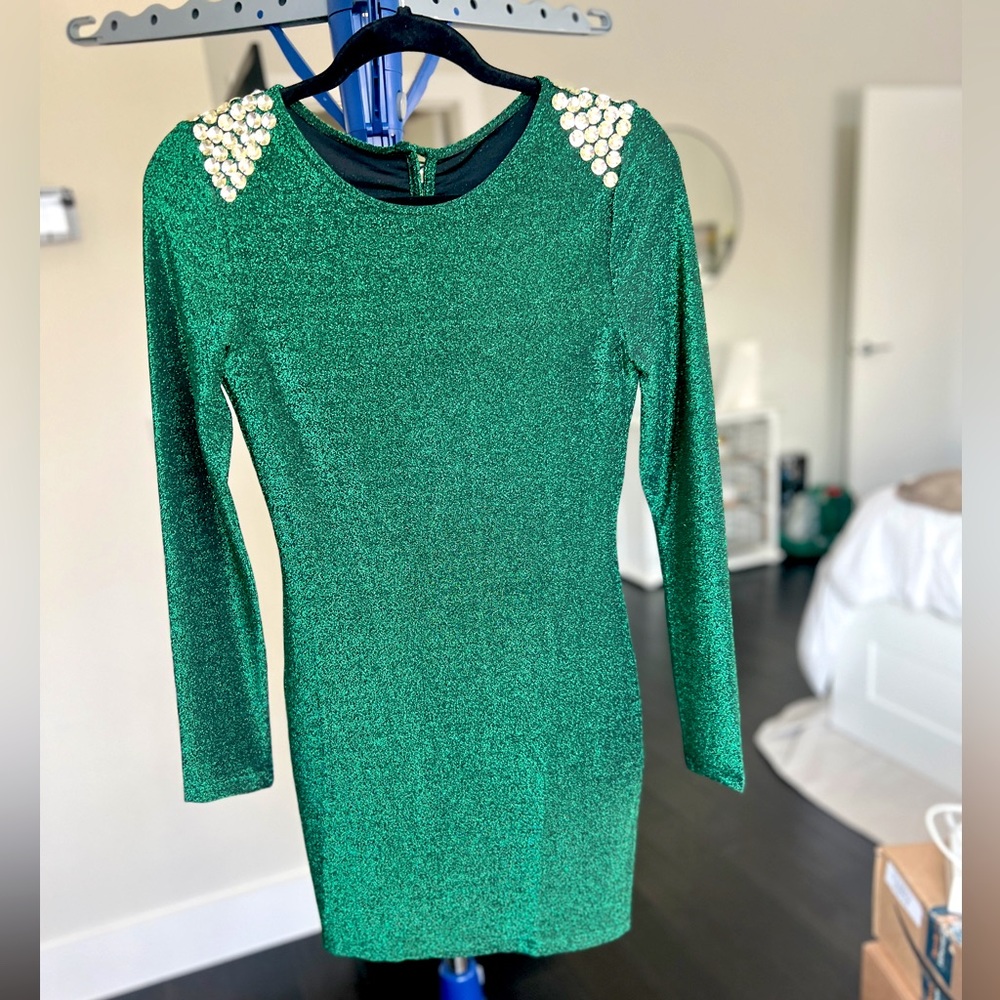 Long Sleeve Open Back Shimmer Dress with Studded Shoulder Accents